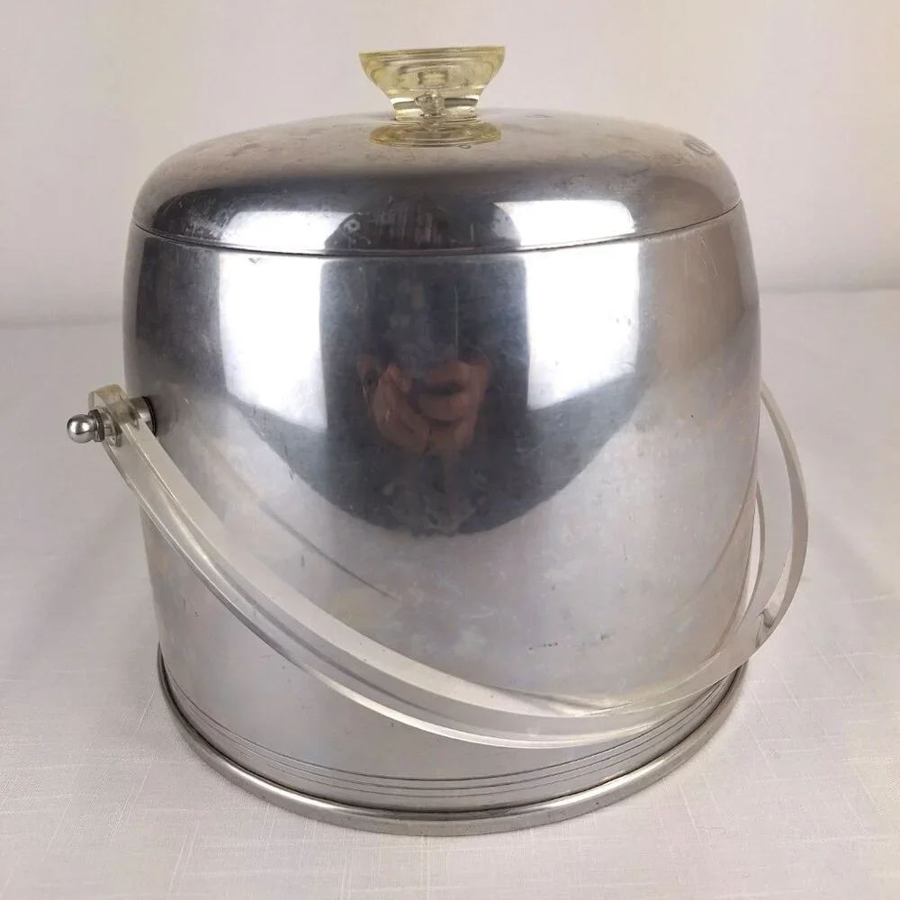 Vintage Kromex Ice Bucket Atomic Age Retro Aluminum 1950-60sClear Lucite Handle